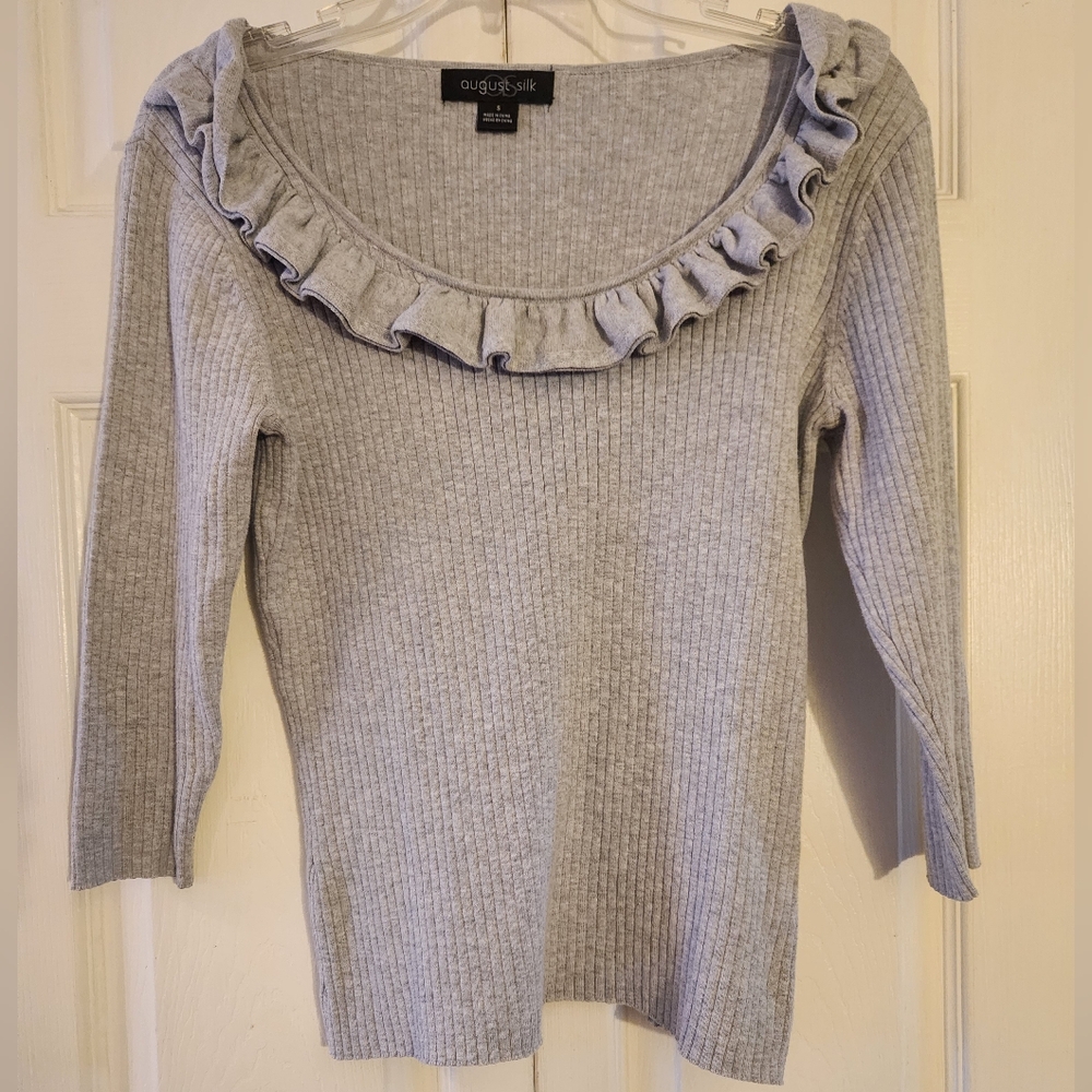 August Silk Top Sweater Ribbed Cotton Scoop Ruffle